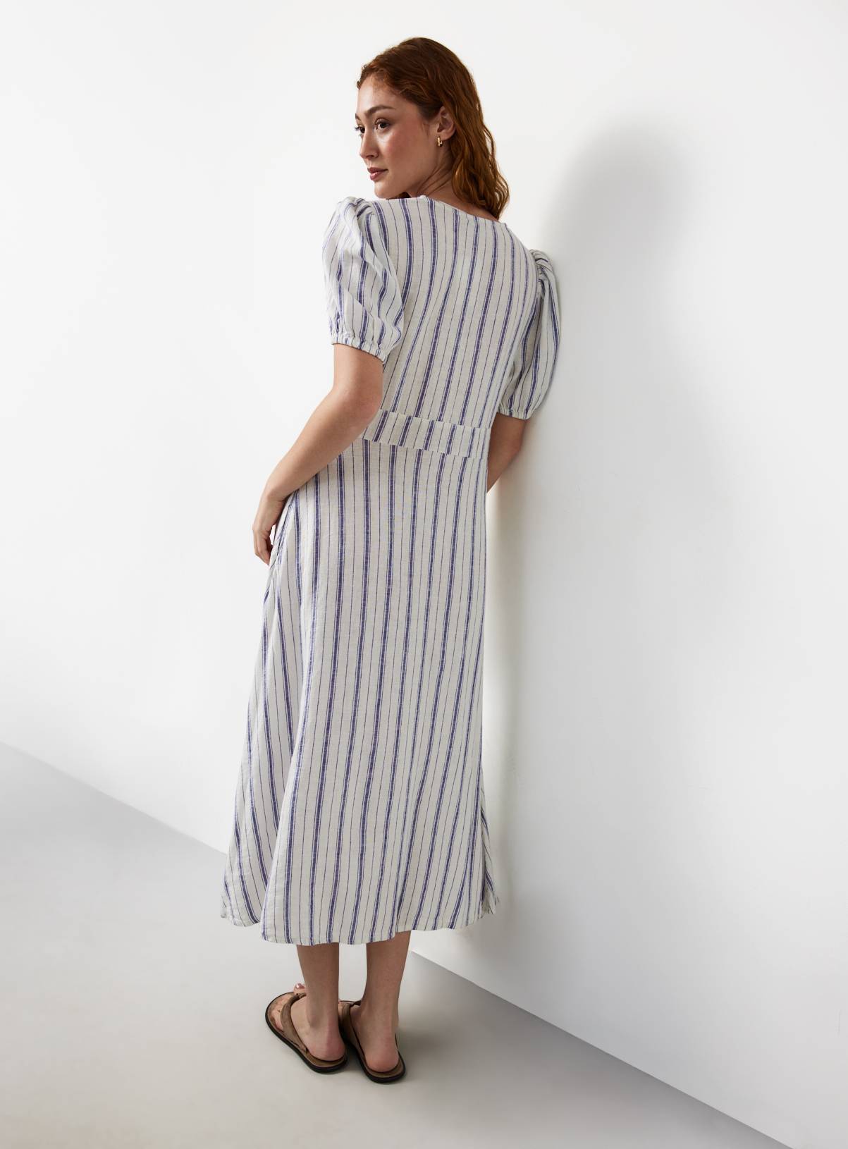 White Stripe Print Linen Blend Midaxi Dress 8 - Image 4